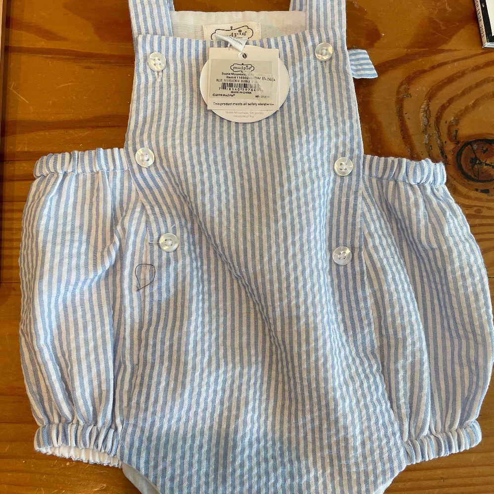 Mudpie Baby onesie romper 0-3 months Baby blue and white stripe (NWT)